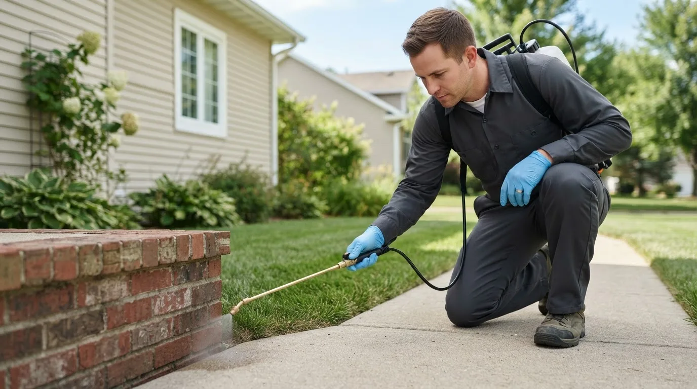Pest control technician treating a home near San Mateo, CA